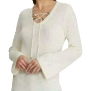LAUREN RALPH LAUREN Women's Ivory Lace-up Sweater Hardware V-Neck Top XL